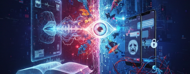 Bild eines Buches, das von einer KI vorgelesen wird, sowie Smartphones mit gefährlichen Inhalten.